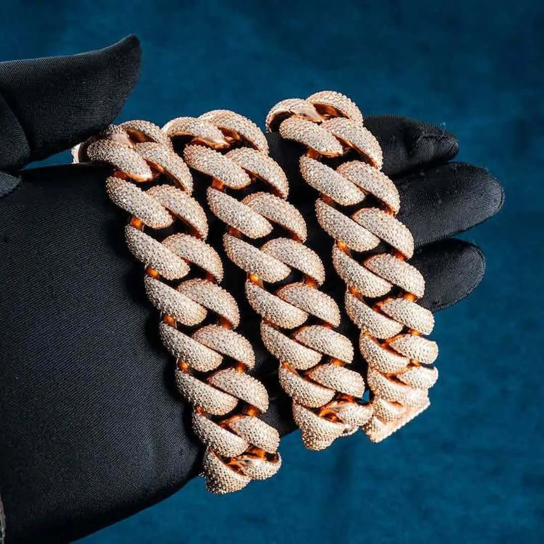 20mm Round Moissanite Cuban Link Chain in 14K Rose Gold On Hand View