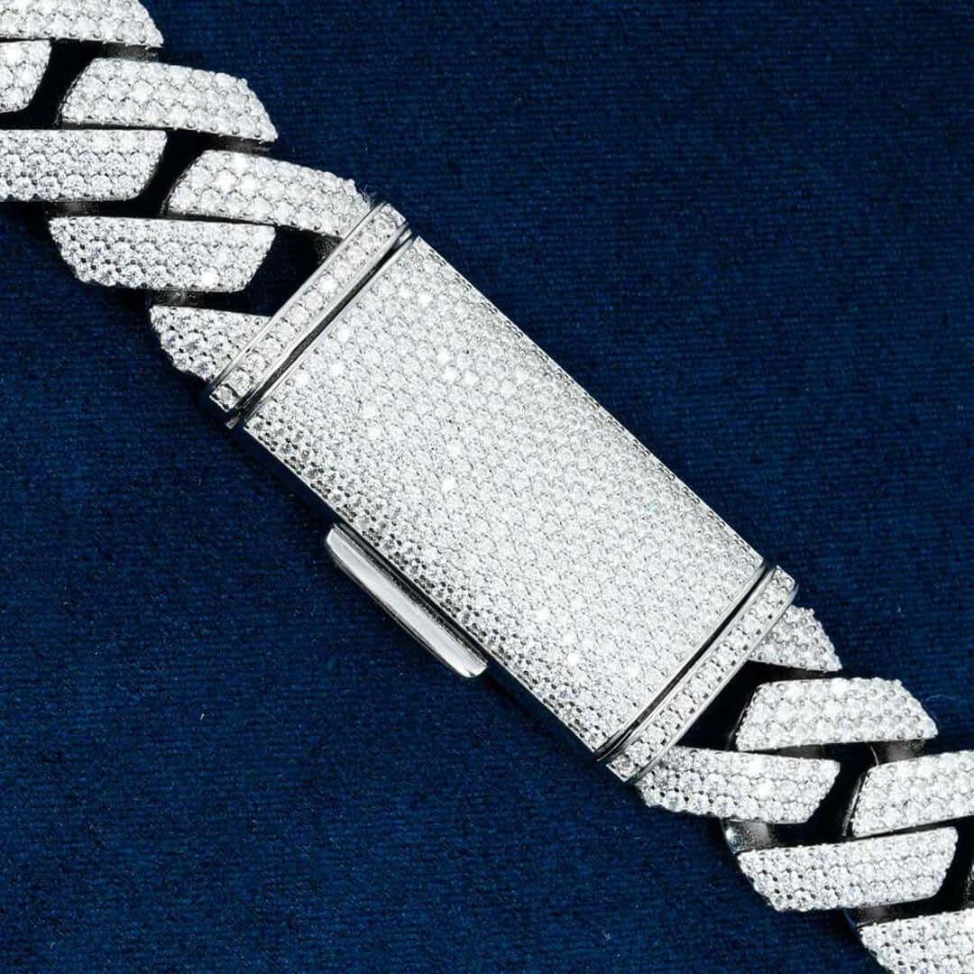 20mm Round Moissanite Cuban Link Chain in 14K White Gold On Clasp View