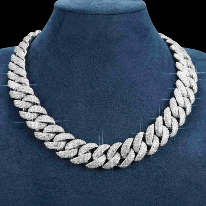 22mm Moissanite 5 Row Miami Cuban Link Chain in 14K Gold Necklace Display