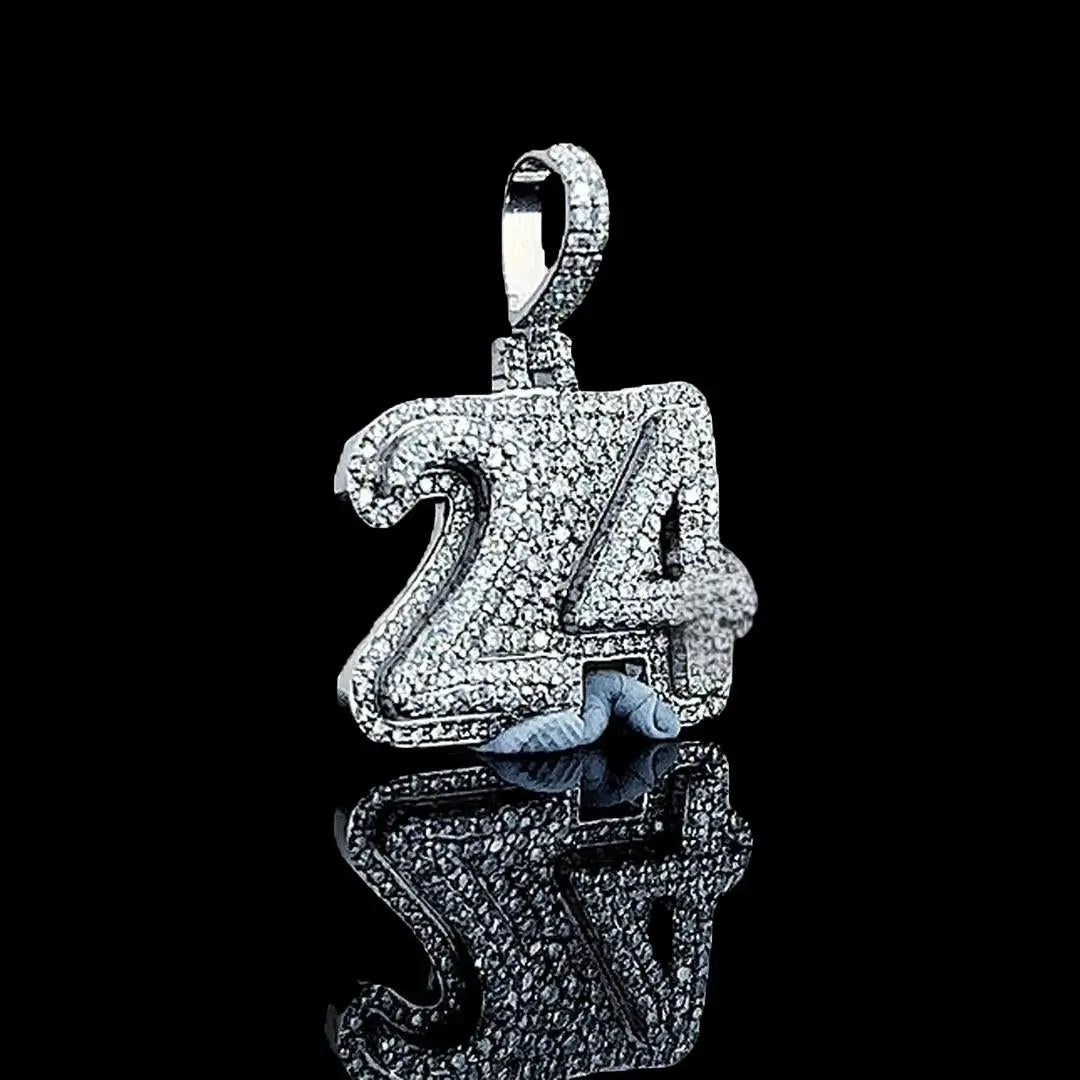 24 Iced Number Moissanite Pendant in 925 Sterling Silver Right Profile View