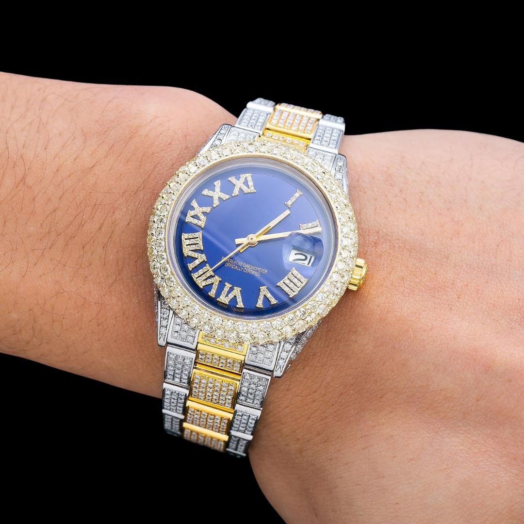 Rolex Datejust Royal Blue Diamond Roman Dial Two Tone Yellow Gold Oyster Bracelet Fully Iced Out Moissanite Watch