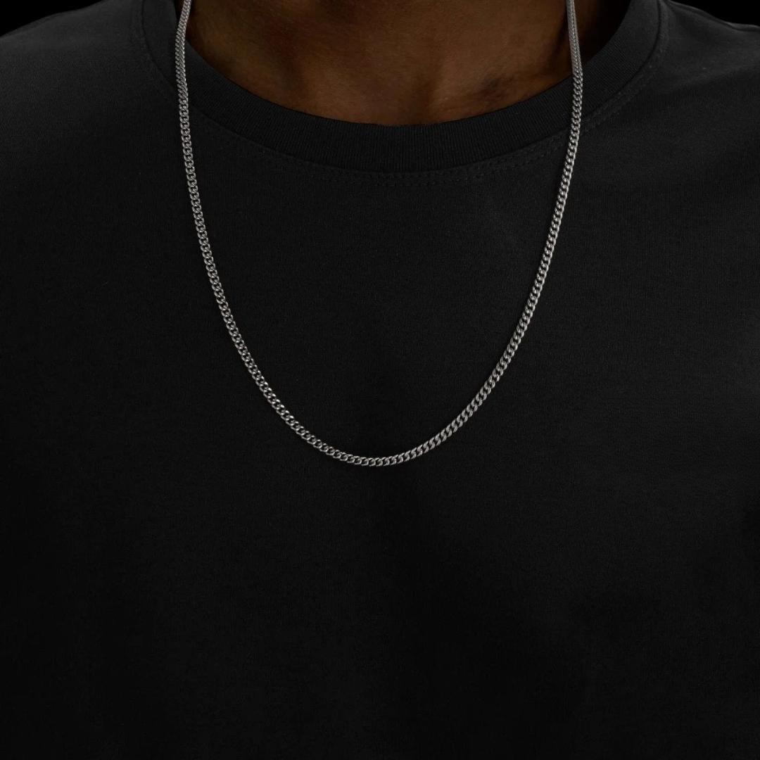 3MM Cuban Link Chain Solid 925 Silver Neck View
