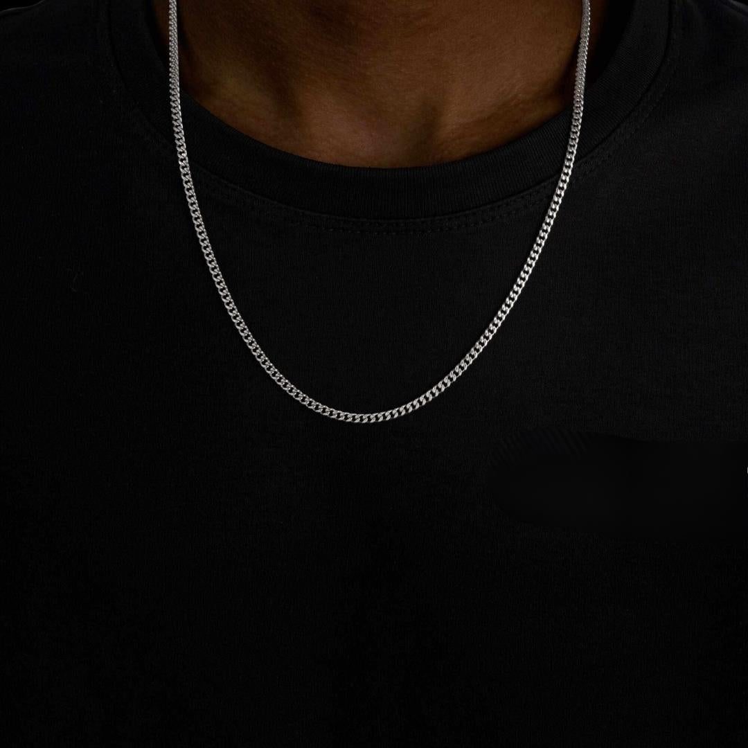 3mm Cuban Link Chain and Bracelet Set in Silver Neck View