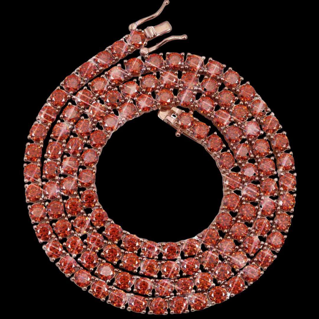 4MM Red Moissanite Tennis Link Chain in 14K Gold Full Close Up View