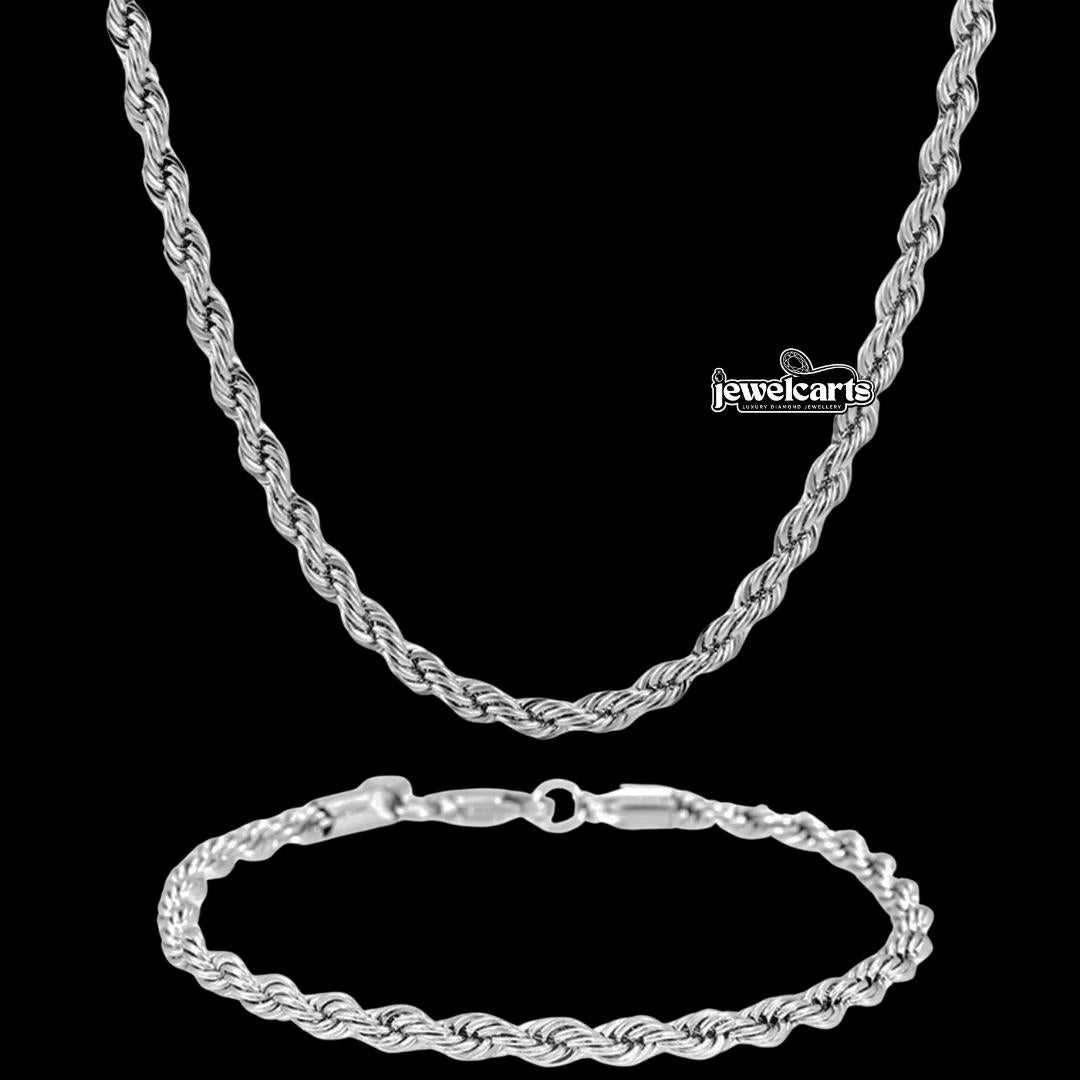 4MM Rope Chain and Bracelet Bundle in Silver Front View