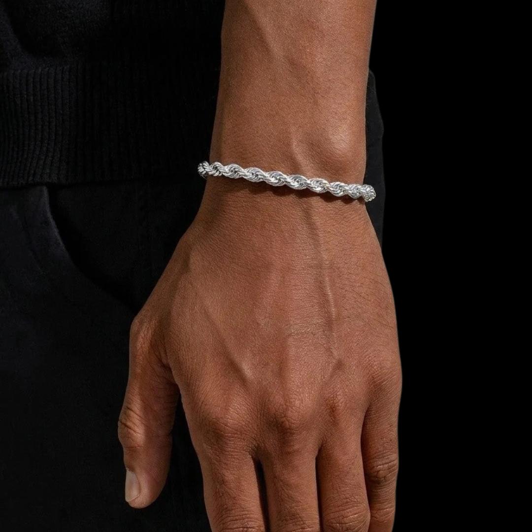 4MM Rope Chain and Bracelet Bundle in Silver On Hand View