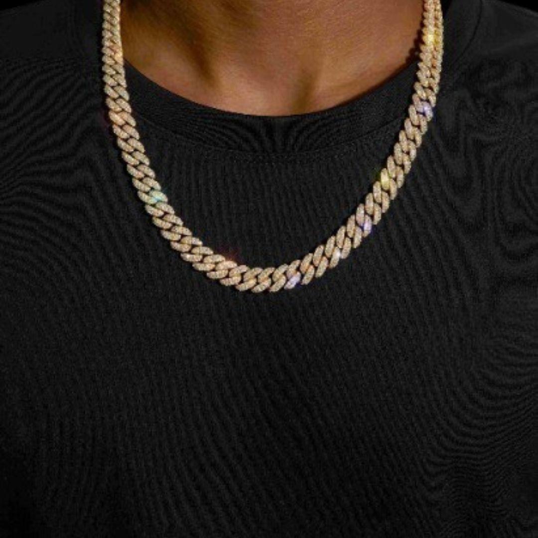 10MM D-E VVS Moissanite Iced Cuban Link Necklace in 14K Gold