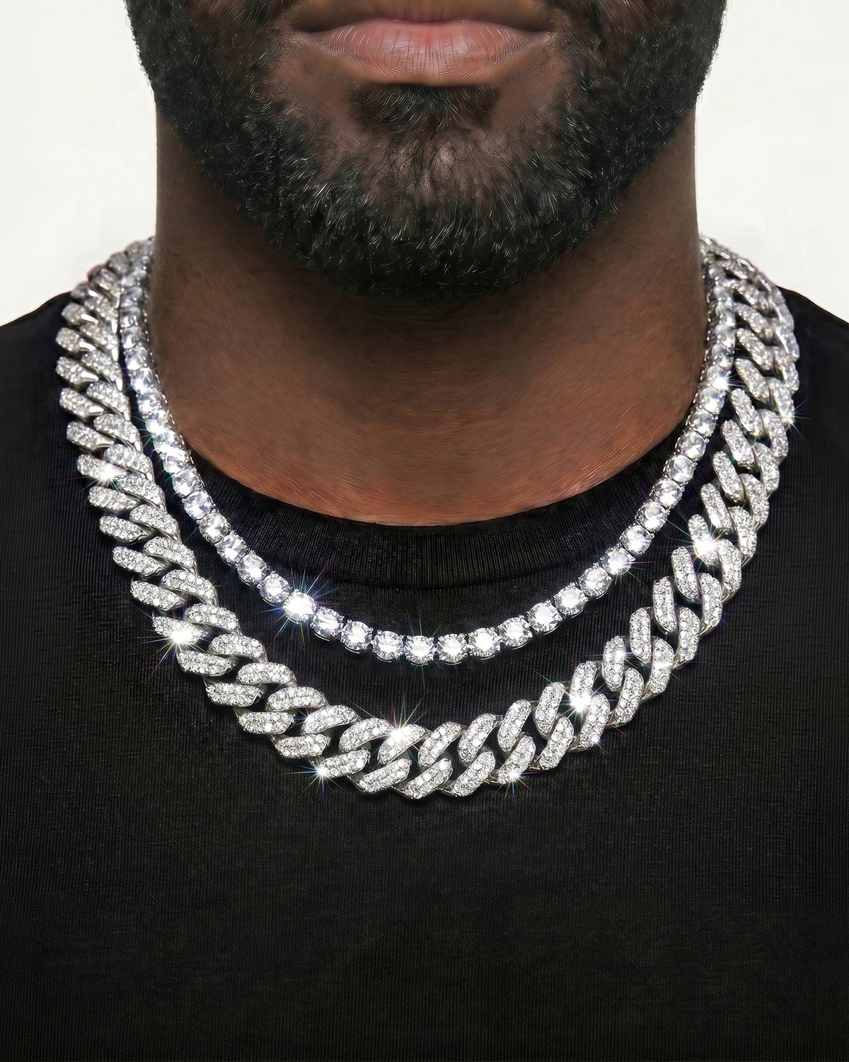 925 Sterling Silver VVS Moissanite Tennis and Cuban Chain Stack