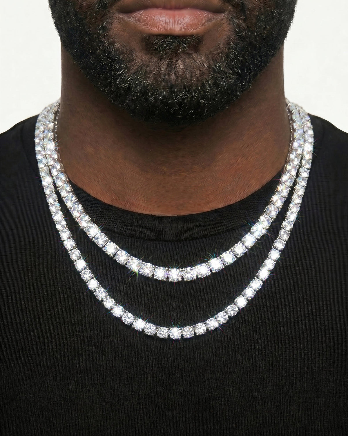 925 Sterling Silver VVS Moissanite Tennis and Cuban Chain Stack