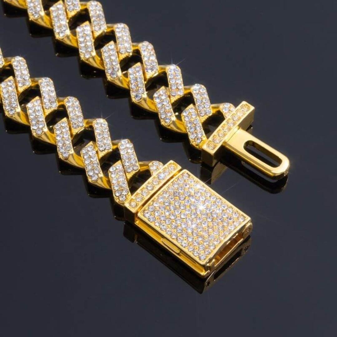 12mm Round Moissanite Cuban Link Chain Batlink in 14K Yellow Gold