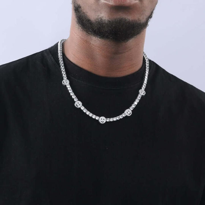 5mm Round Moissanite Tennis Chain JoyLink in 14K White Gold On Neck View