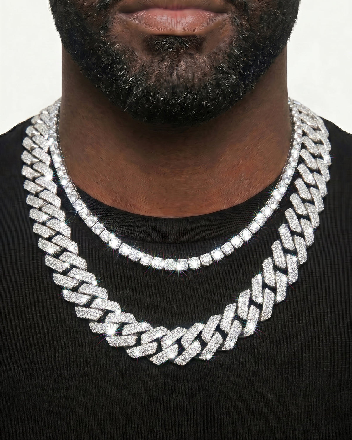 925 Sterling Silver VVS Moissanite Tennis and Cuban Chain Stack