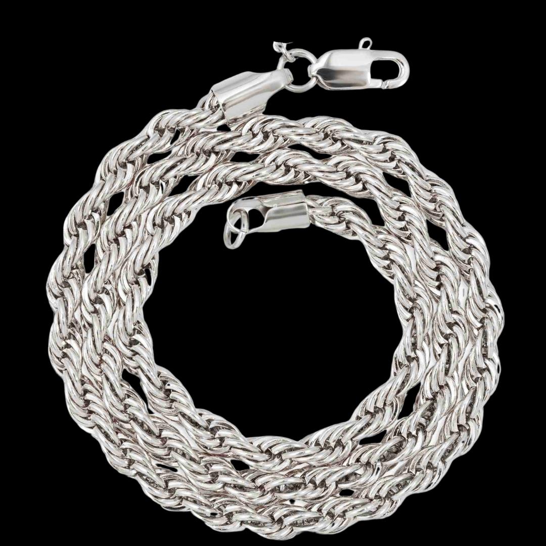 6MM Rope Chain and Bracelet Bundle in Silver Full Close Up View