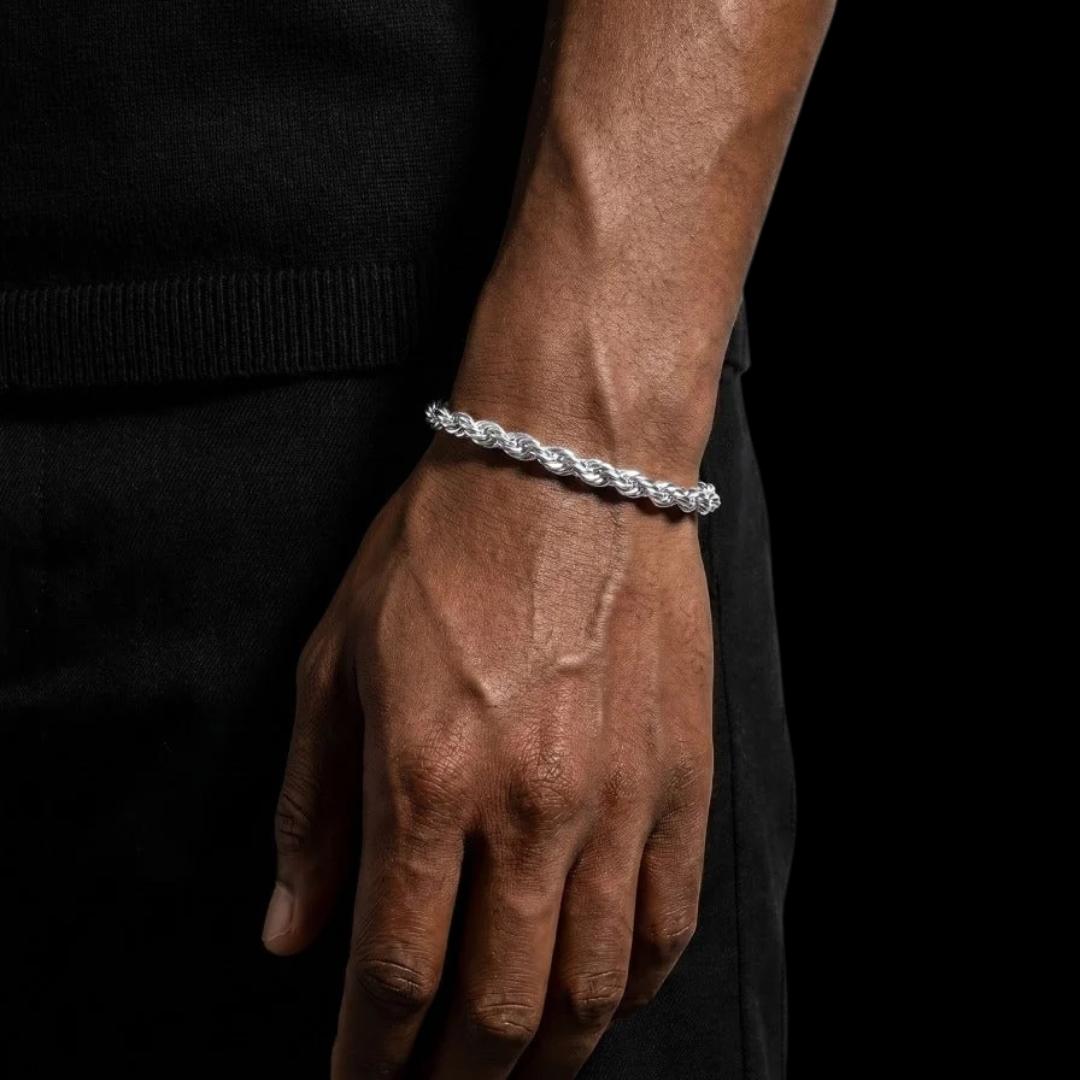 6MM Rope Chain and Bracelet Bundle in Silver On Hand View