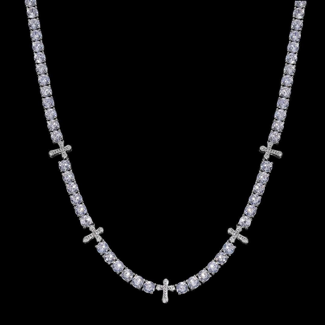 Round Moissanite Cross Accent Tennis Necklace in 14K White Gold