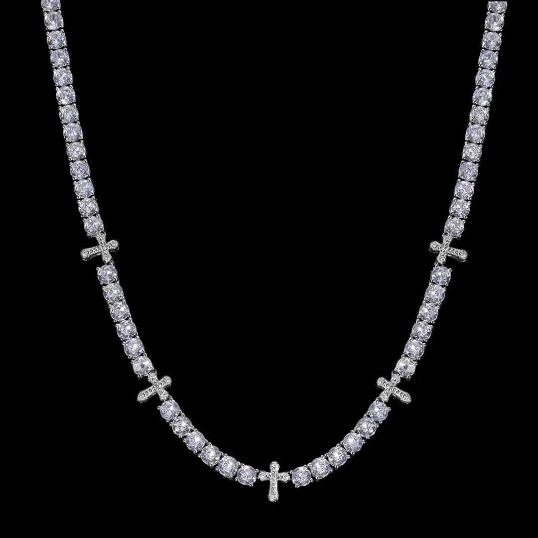 Round Moissanite Cross Accent Tennis Necklace in 14K White Gold Jewel Carts