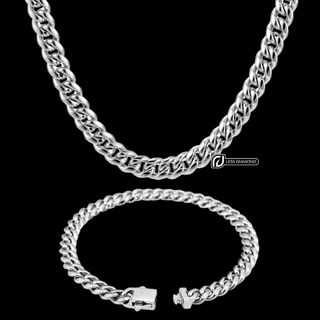 6mm Cuban Link Chain and Bracelet Set in Silver Front View
