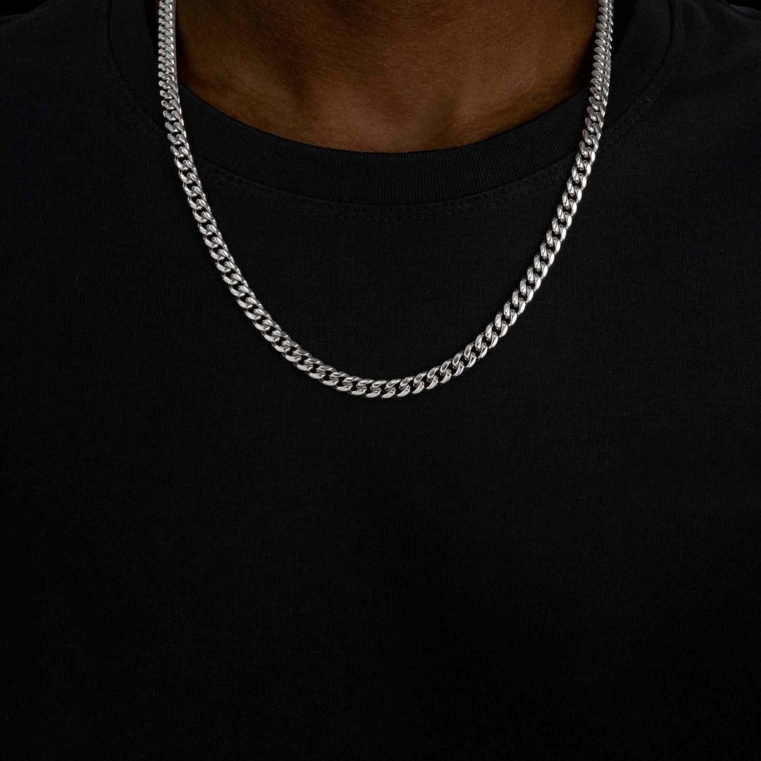 6mm Cuban Link Chain and Bracelet Set in Silver Neck View