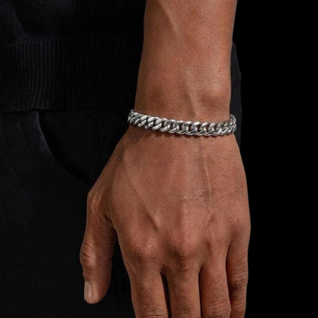 6mm Cuban Link Chain and Bracelet Set in Silver On Hand View