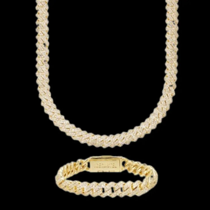 8MM Moissanite Cuban Link Chain and Bracelet Set Yellow Gold Front View