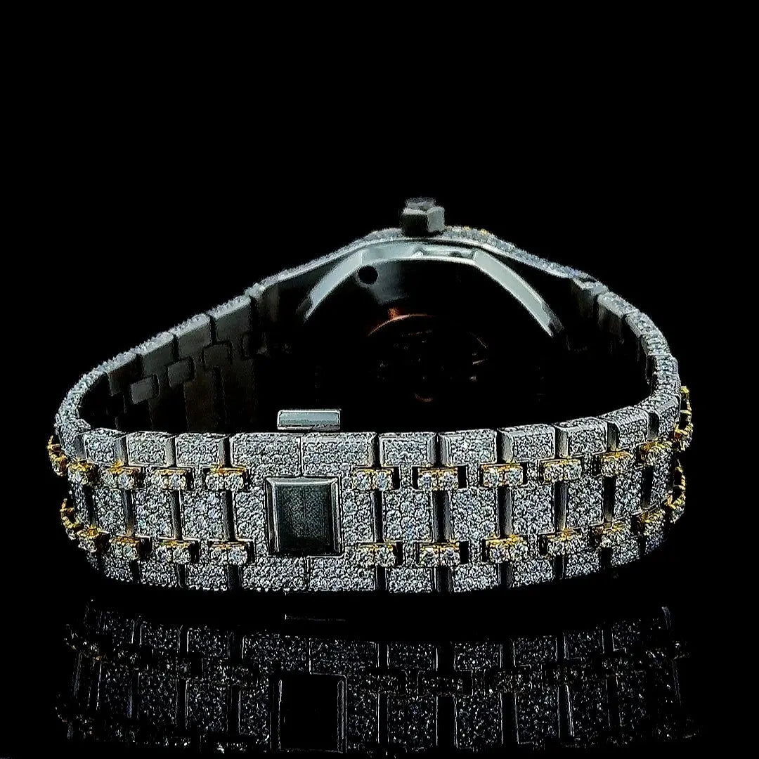 AP Black Stick Markers Dial Two Tone Yellow Gold Fully Iced Out Moissanite Watch Caseback View