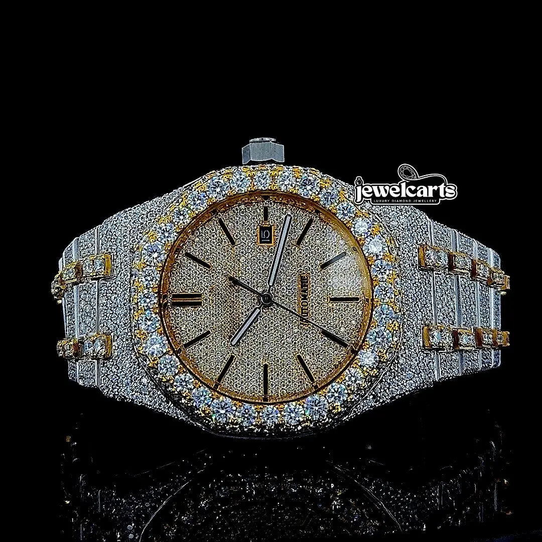 AP Black Stick Markers Dial Two Tone Yellow Gold Fully Iced Out Moissanite Watch Front View