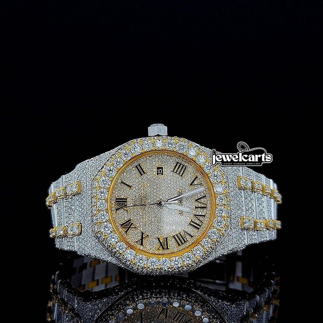 AP Roman Dial Two Tone Yellow Gold Fully Iced Out Moissanite Watch Front View