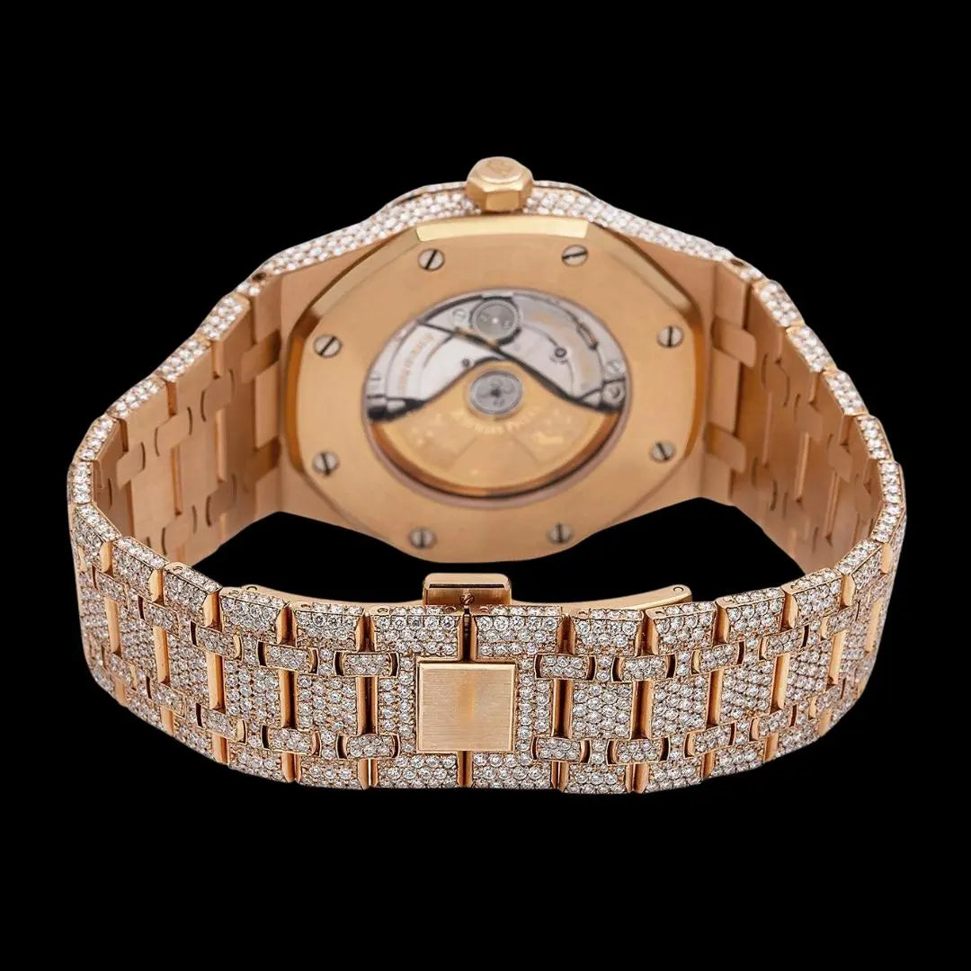 AP Royal Oak Arabic Dial Diamond Bezel Fully Iced Out Rose Gold Moissanite Watch Caseback View