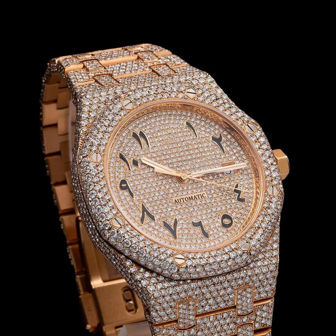 AP Royal Oak Arabic Dial Diamond Bezel Fully Iced Out Rose Gold Moissanite Watch Close Up Front View