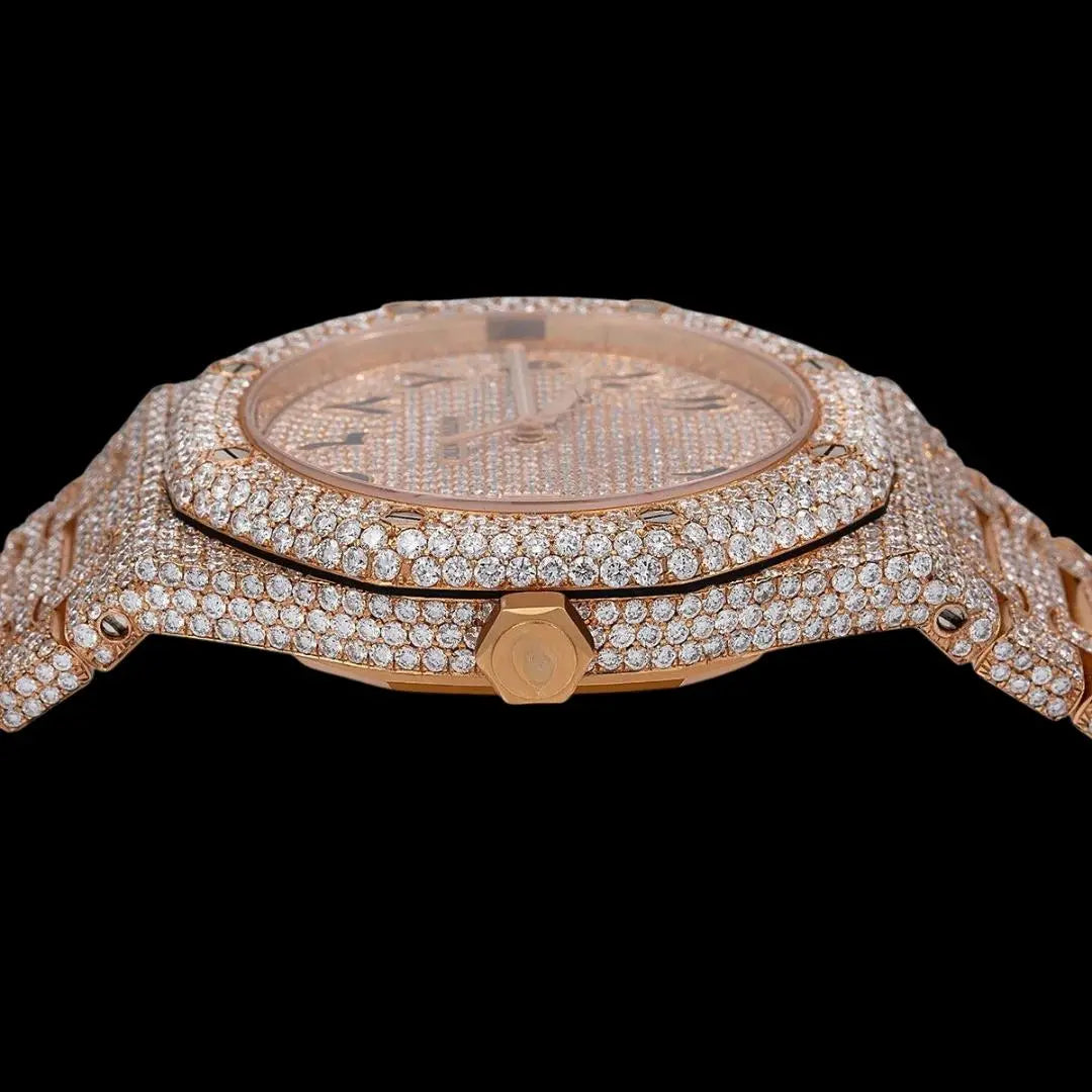AP Royal Oak Arabic Dial Diamond Bezel Fully Iced Out Rose Gold Moissanite Watch Crown View