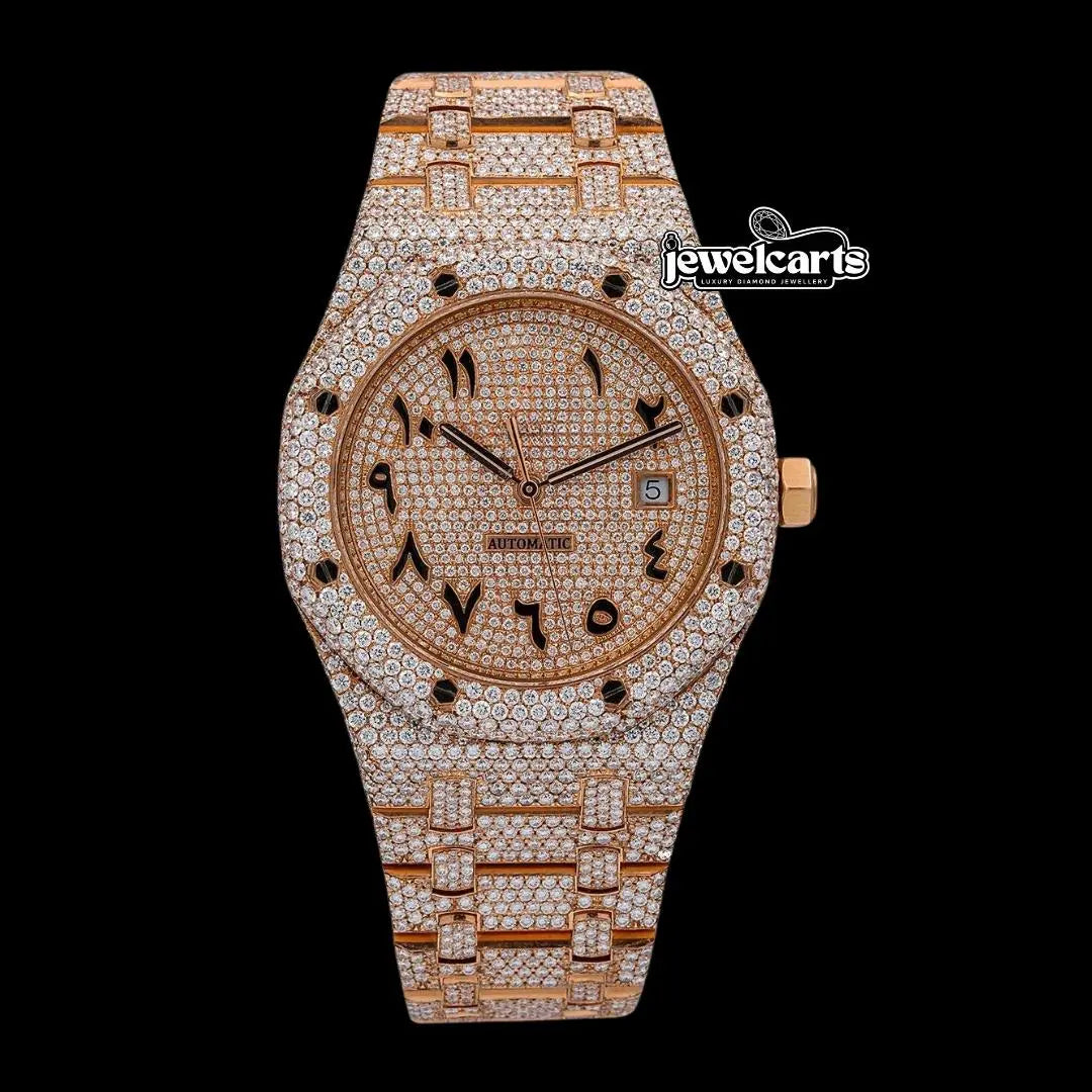 AP Royal Oak Arabic Dial Diamond Bezel Fully Iced Out Rose Gold Moissanite Watch Front View