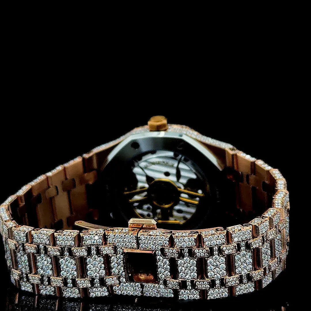 AP Royal Oak Arabic Dial Fully Iced Out Rose Gold Moissanite Watch Caseback View