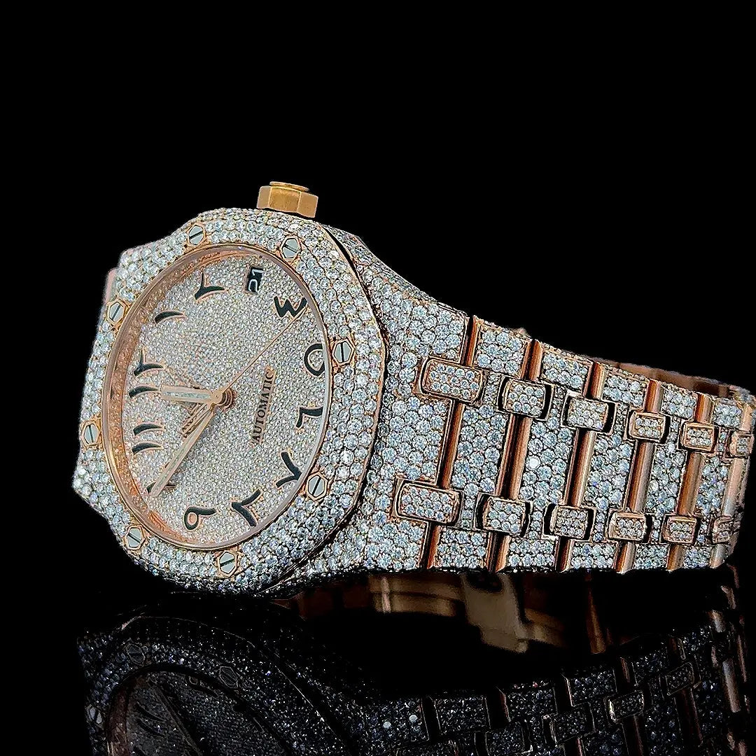AP Royal Oak Arabic Dial Fully Iced Out Rose Gold Moissanite Watch Left Profile View