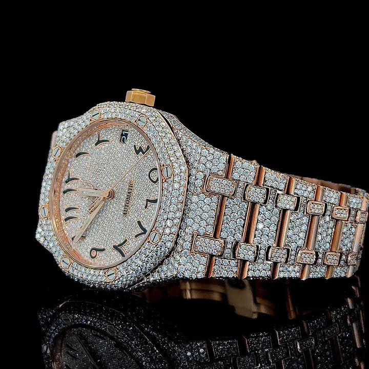 AP Royal Oak Arabic Dial Fully Iced Out Rose Gold Moissanite Watch Left Profile View
