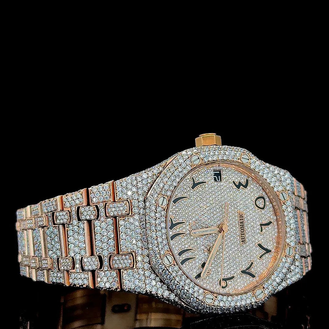 AP Royal Oak Arabic Dial Fully Iced Out Rose Gold Moissanite Watch Right Profile View