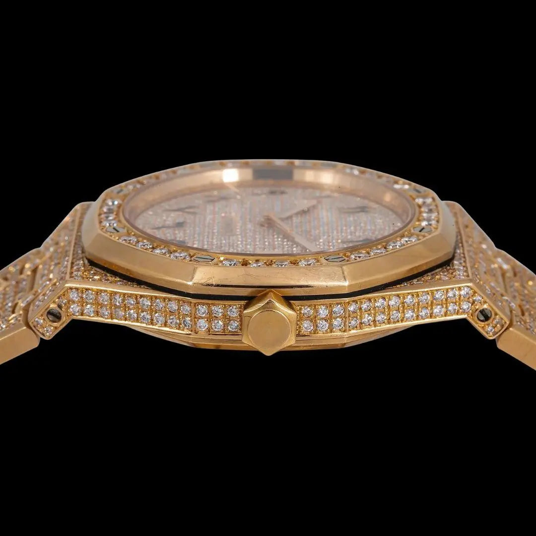 AP Royal Oak Arabic Numerals Dial Diamond Bezel Fully Iced Out Rose Gold Moissanite Watch Crown View