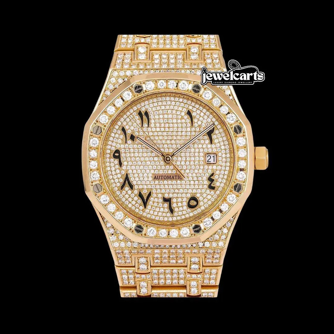 AP Royal Oak Arabic Numerals Dial Diamond Bezel Fully Iced Out Rose Gold Moissanite Watch Front View