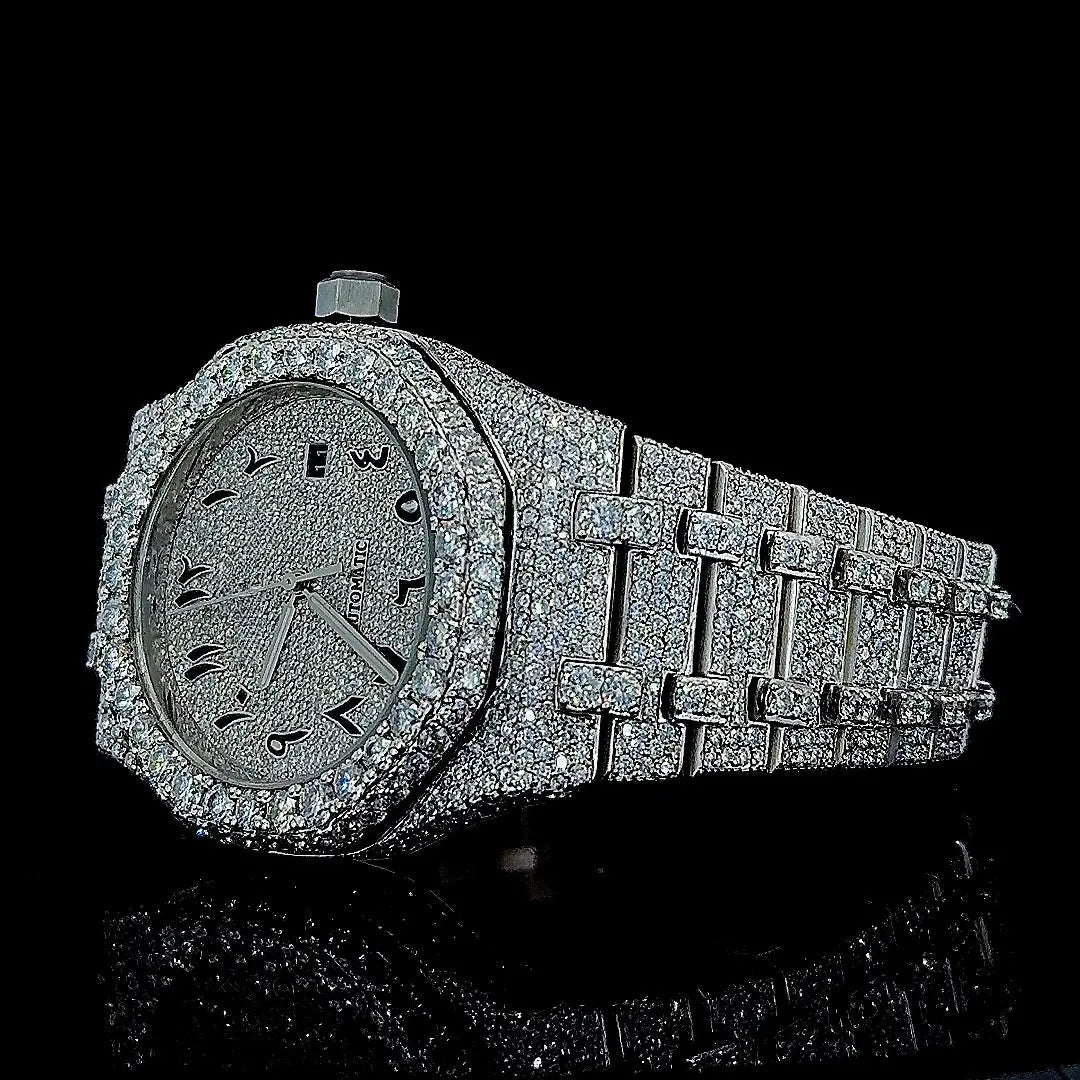 AP Royal Oak Arabic Numerals Dial Fully Iced Out Moissanite Watch Left Profile View
