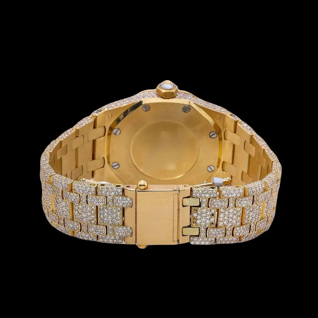 AP Royal Oak Arabic Numerals Diamond Dial Fully Iced Out Yellow Gold Moissanite Watch Caseback View