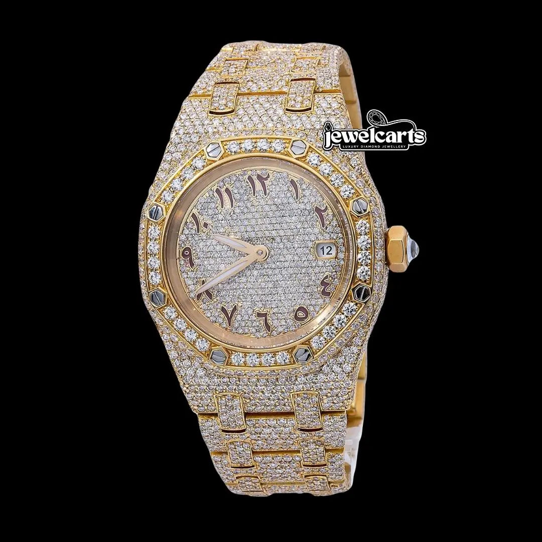 AP Royal Oak Arabic Numerals Diamond Dial Fully Iced Out Yellow Gold Moissanite Watch Front View