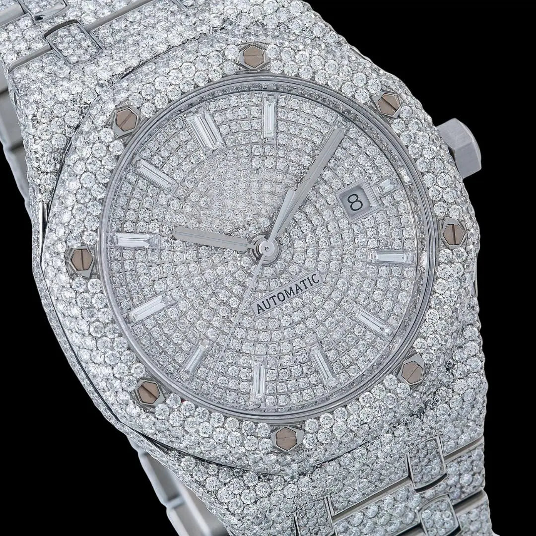 AP Royal Oak Baguette Markers Dial Fully Iced Out Moissanite Diamond Watch Close Up Dial View