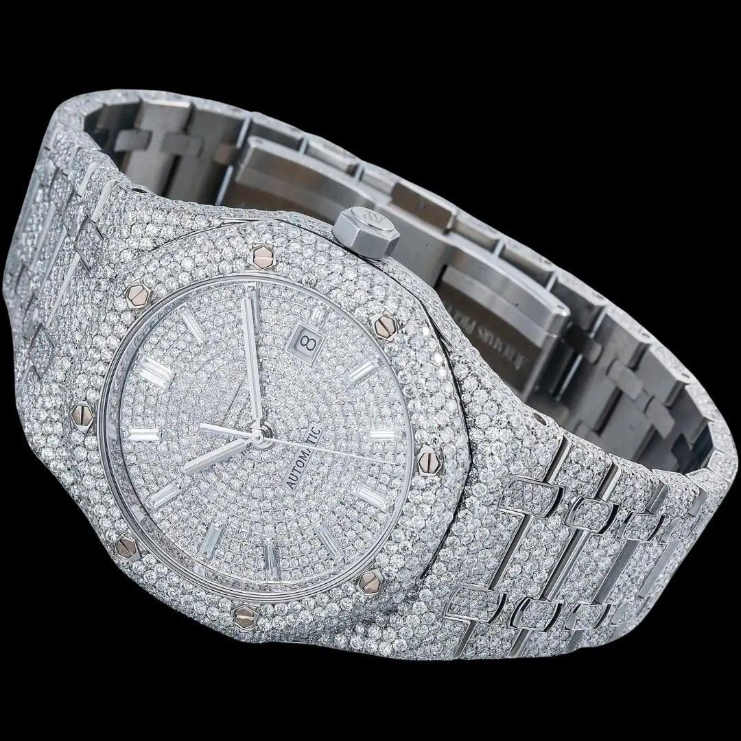 AP Royal Oak Baguette Markers Dial Fully Iced Out Moissanite Diamond Watch Close Up Front View