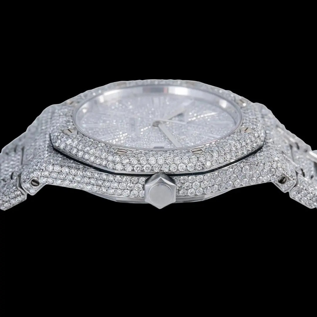 AP Royal Oak Baguette Markers Dial Fully Iced Out Moissanite Diamond Watch Crown View