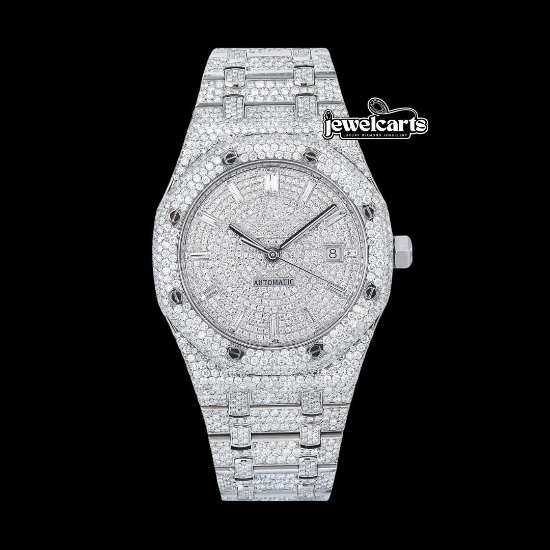 AP Royal Oak Baguette Markers Dial Fully Iced Out Moissanite Diamond Watch Front View