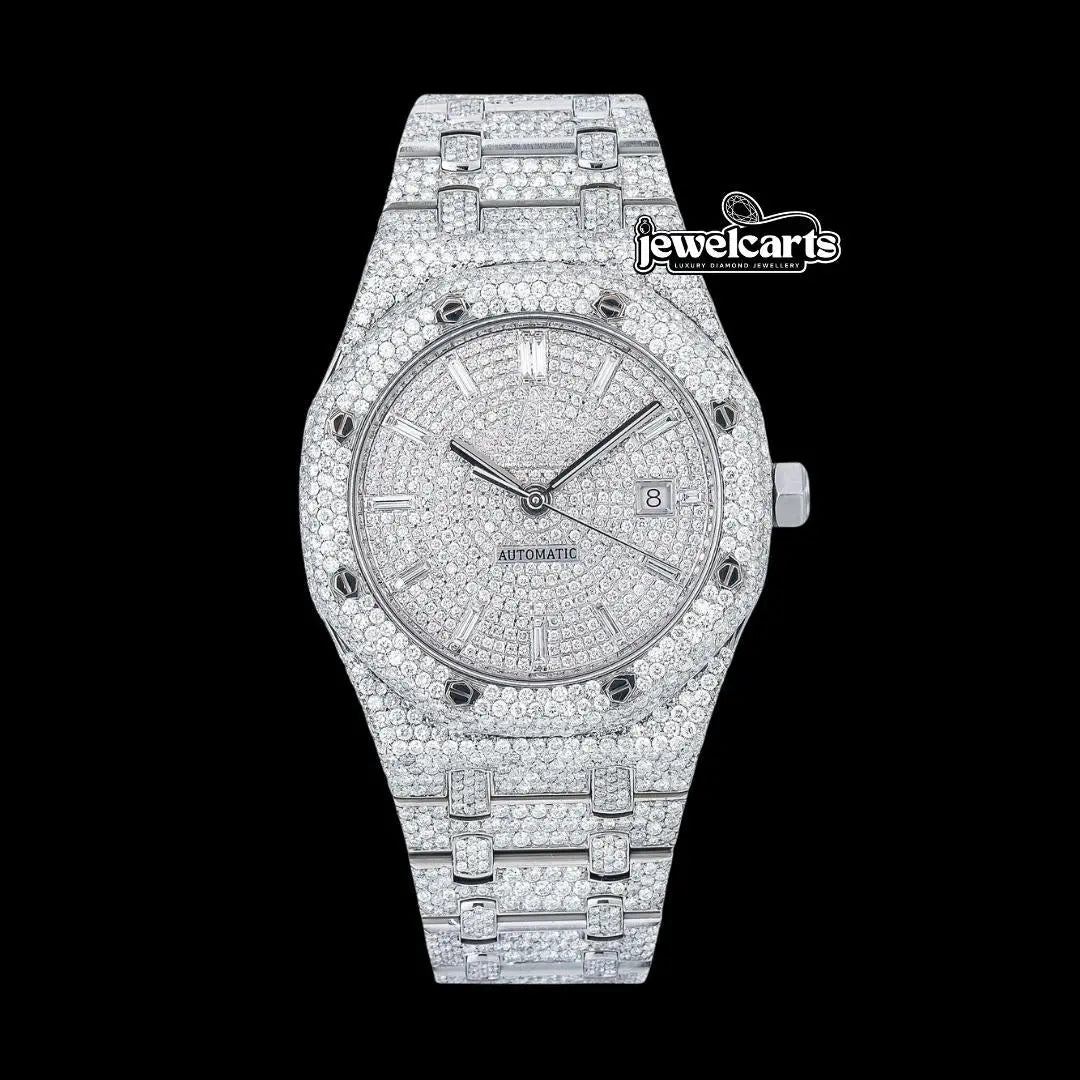 AP Royal Oak Baguette Markers Dial Fully Iced Out Moissanite Diamond Watch Front View
