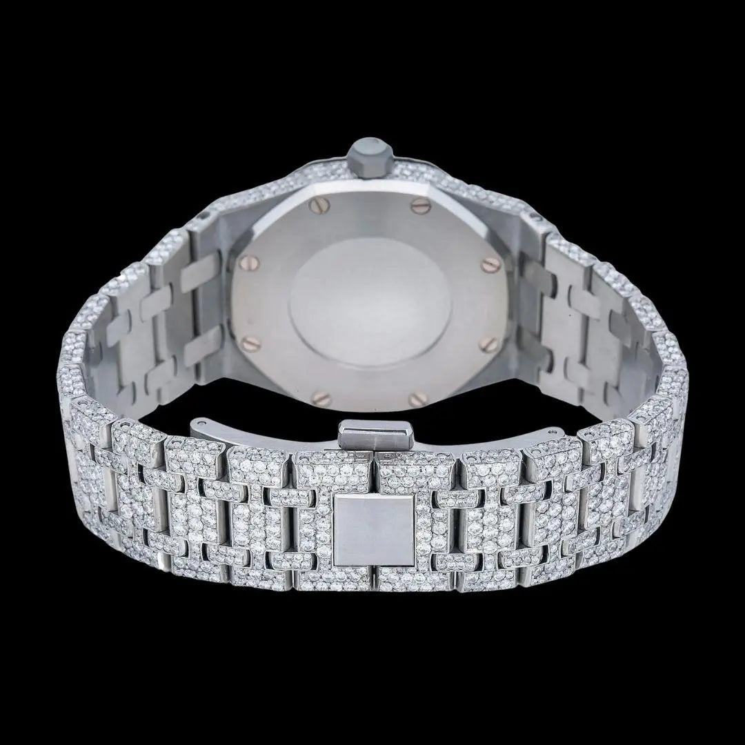 AP Royal Oak Black Dial White Stick Markers Fully Iced Out Moissanite Watch Caseback View