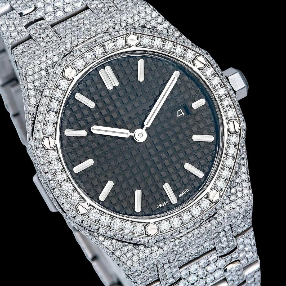 AP Royal Oak Black Dial White Stick Markers Fully Iced Out Moissanite Watch Close Up Dial View