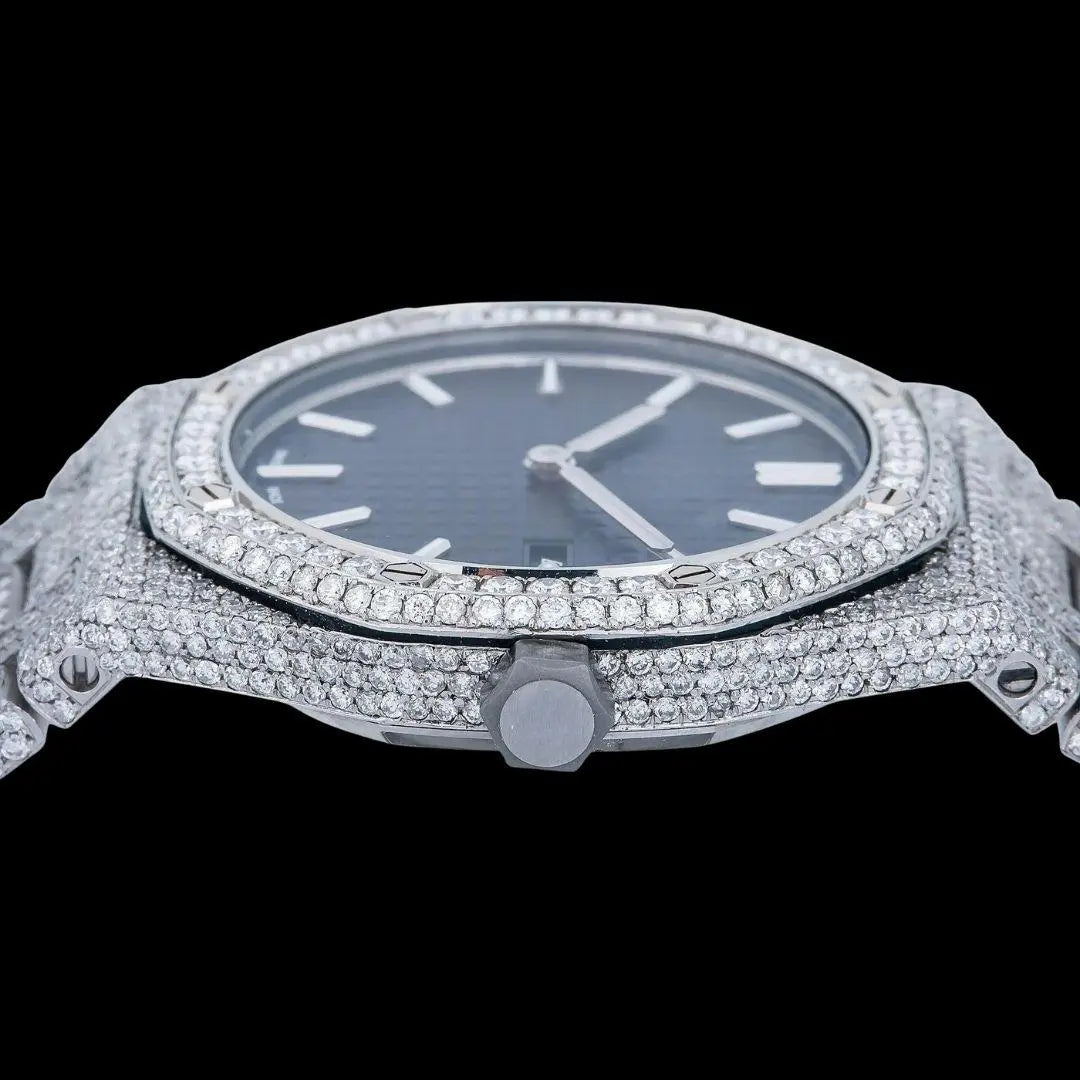 AP Royal Oak Black Dial White Stick Markers Fully Iced Out Moissanite Watch Crown View