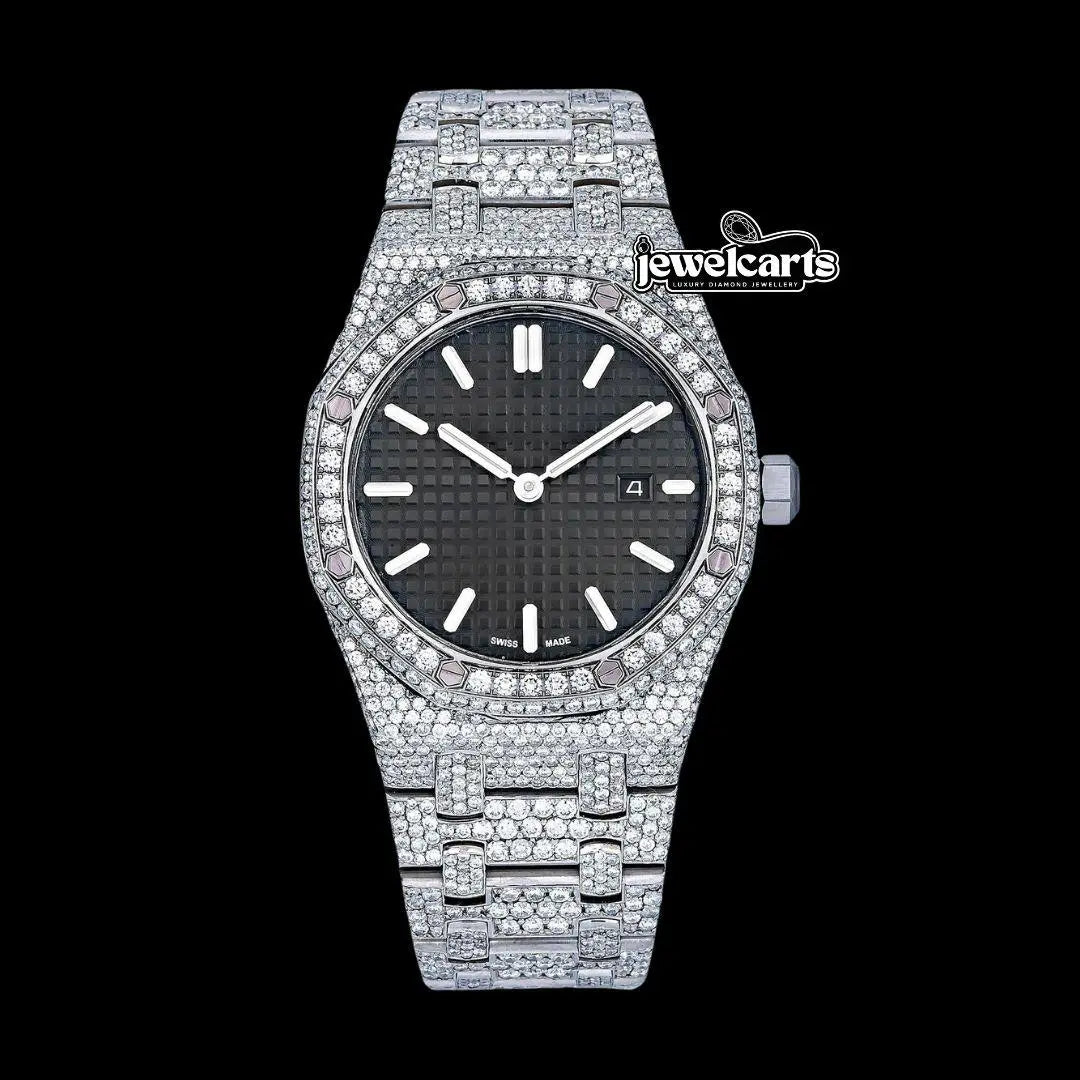 AP Royal Oak Black Dial White Stick Markers Fully Iced Out Moissanite Watch Front View