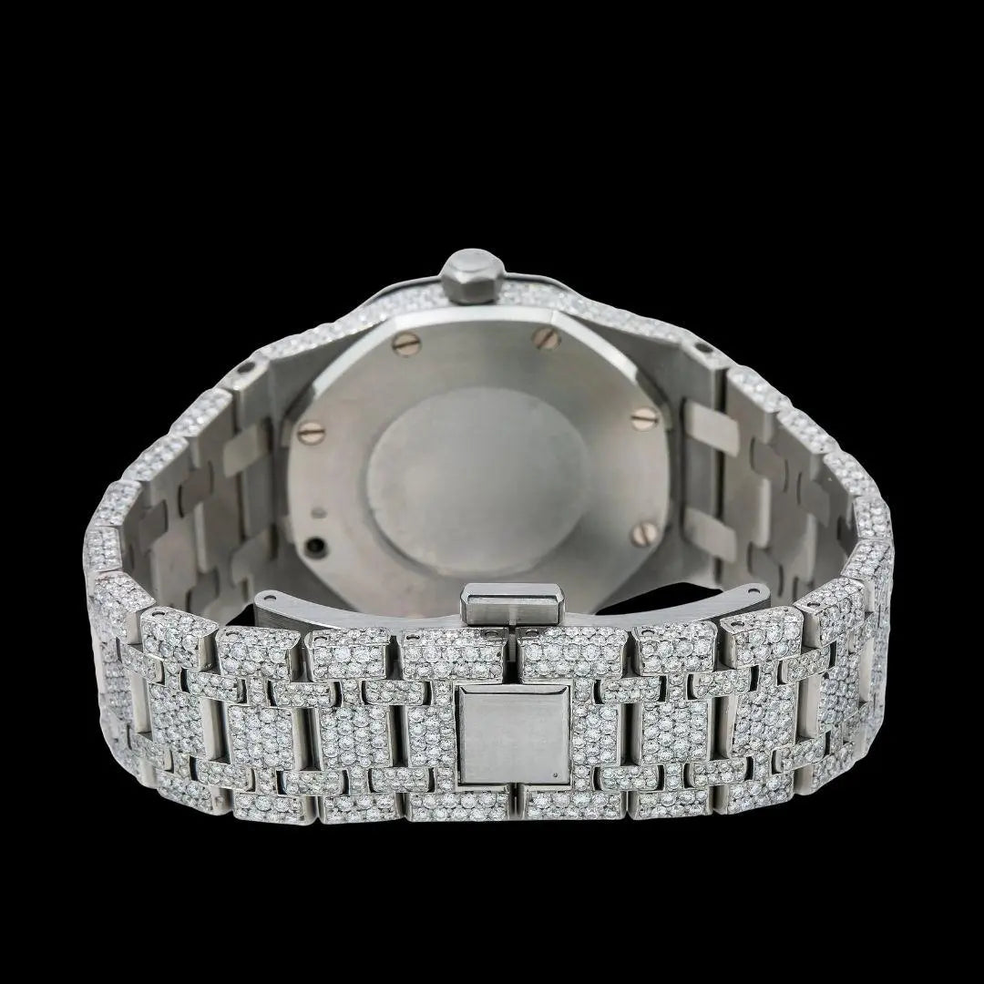 AP Royal Oak Black Stick Markers Diamond Dial Fully Iced Out Moissanite Diamond Watch Caseback View